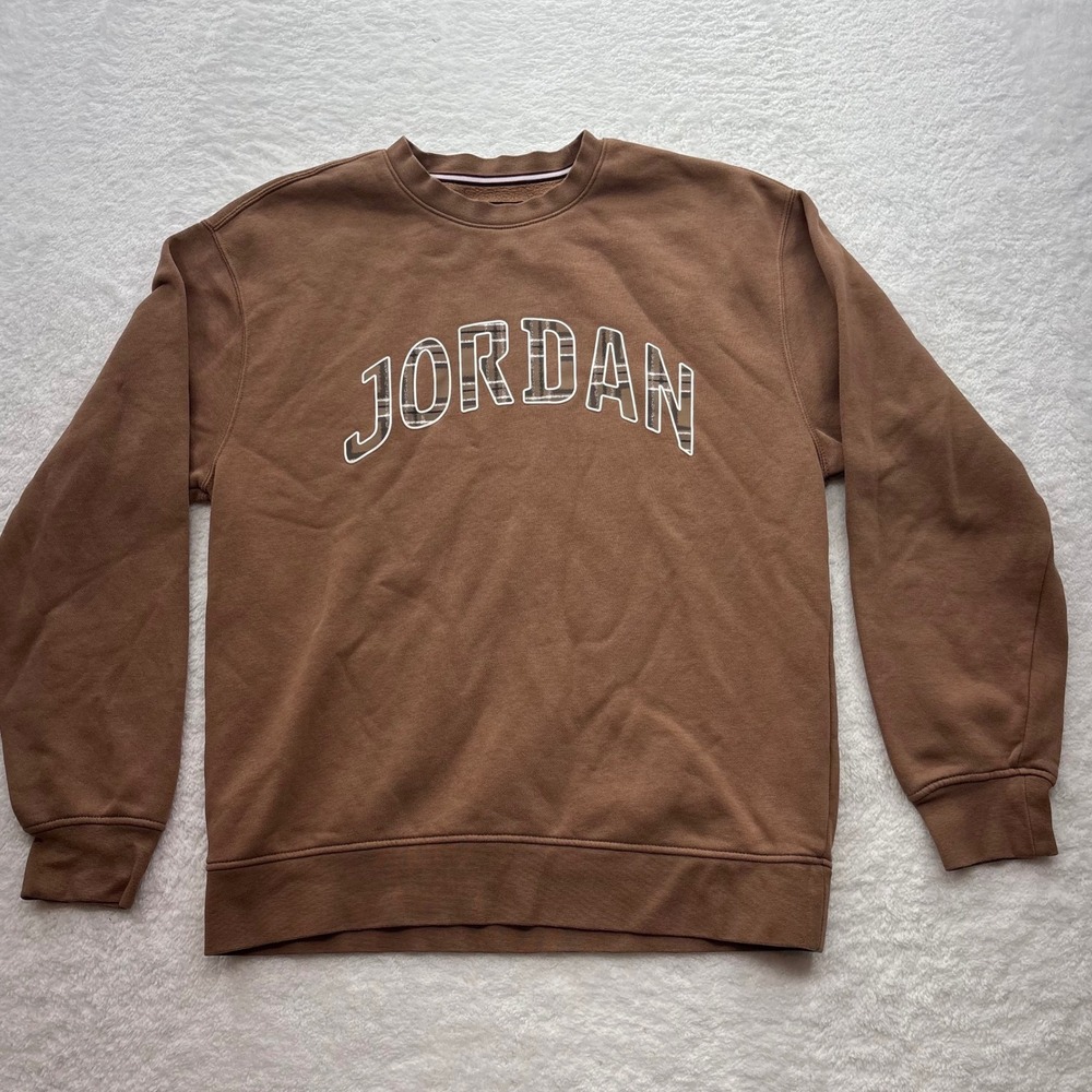 Jordan Mens Tan Brown Plaid Graphic Fleece Crewneck Sweatshirt Medium C334